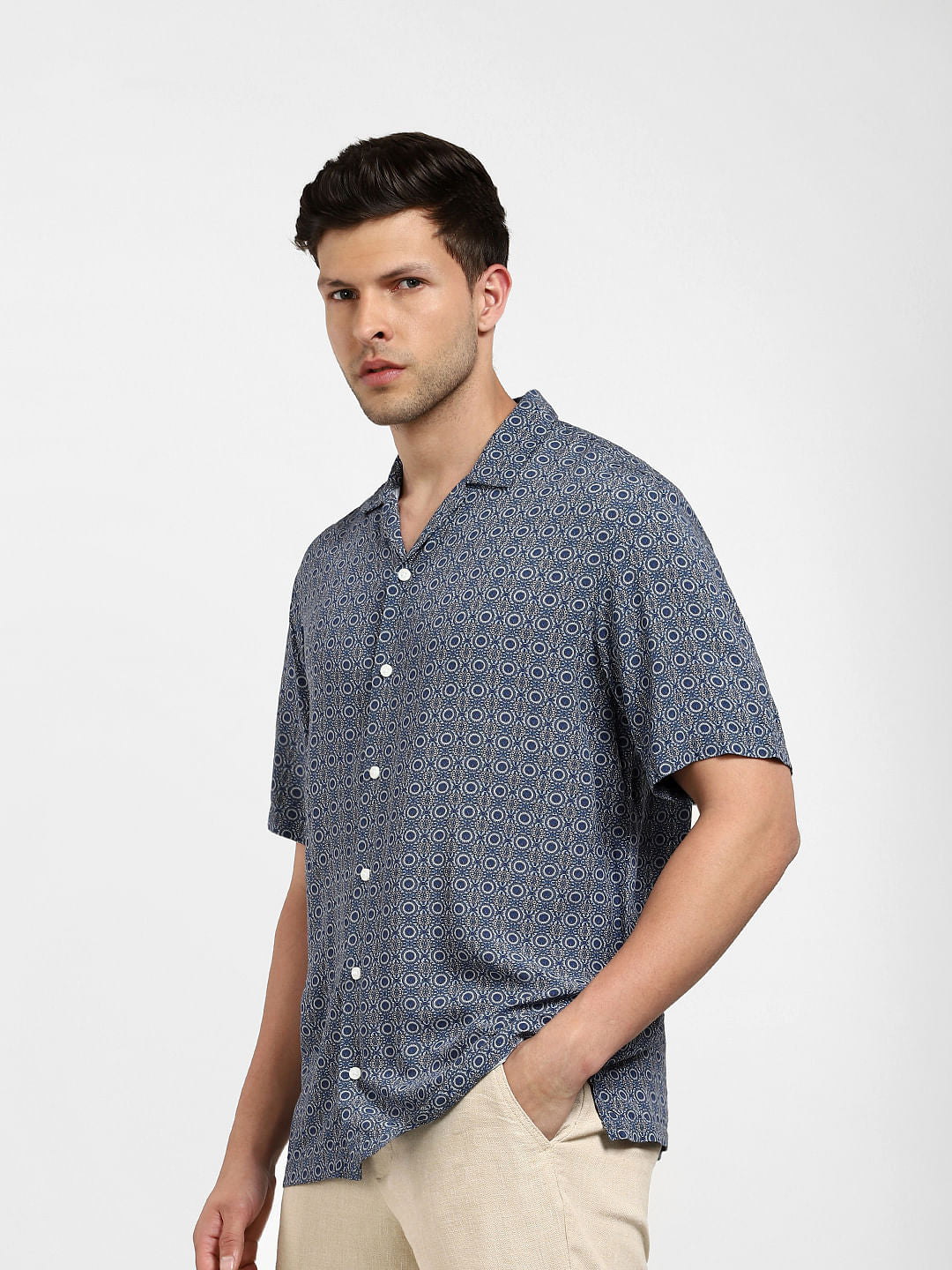 Dark Navy Printed Cuban Collar Shirt