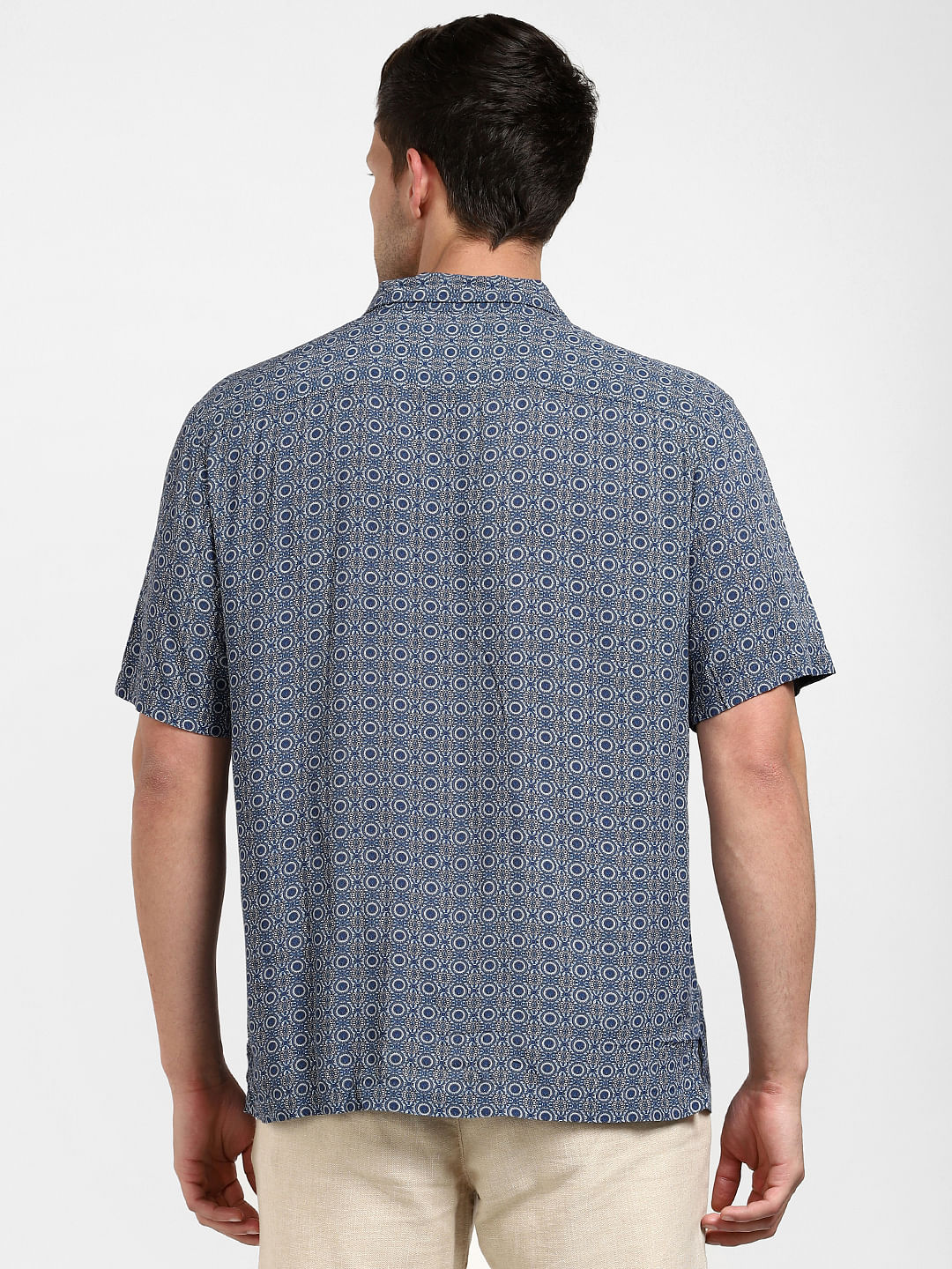 Dark Navy Printed Cuban Collar Shirt