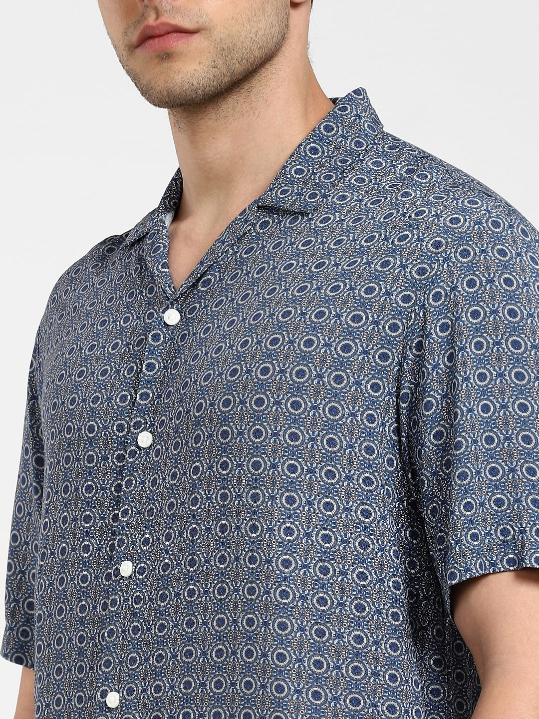 Dark Navy Printed Cuban Collar Shirt
