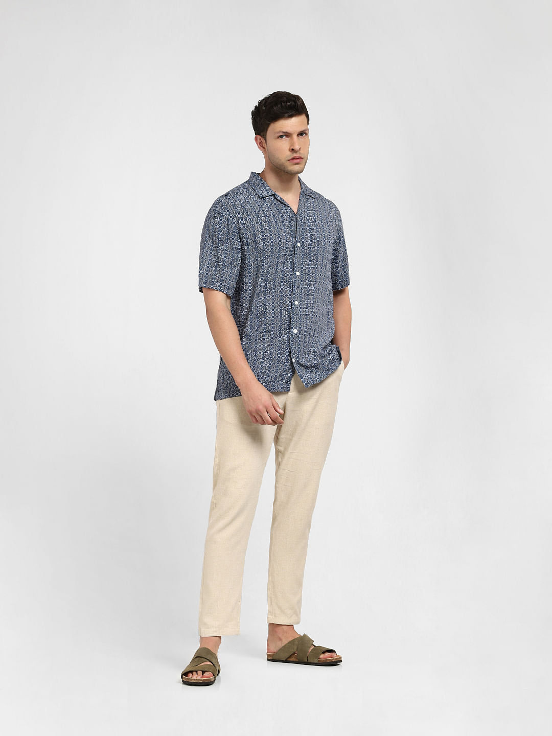 Dark Navy Printed Cuban Collar Shirt