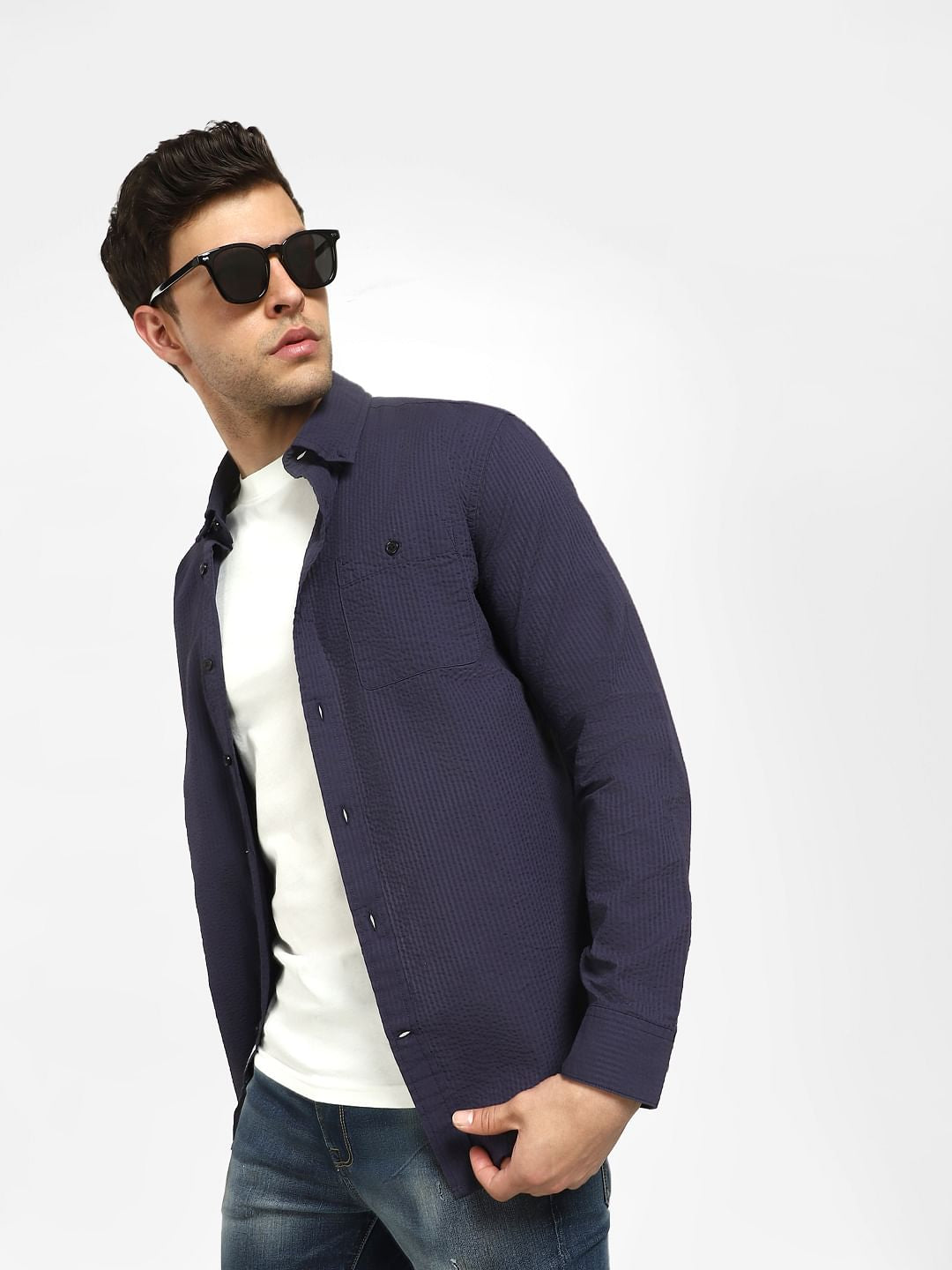 Dark Blue Striped Full Sleeves Shirt