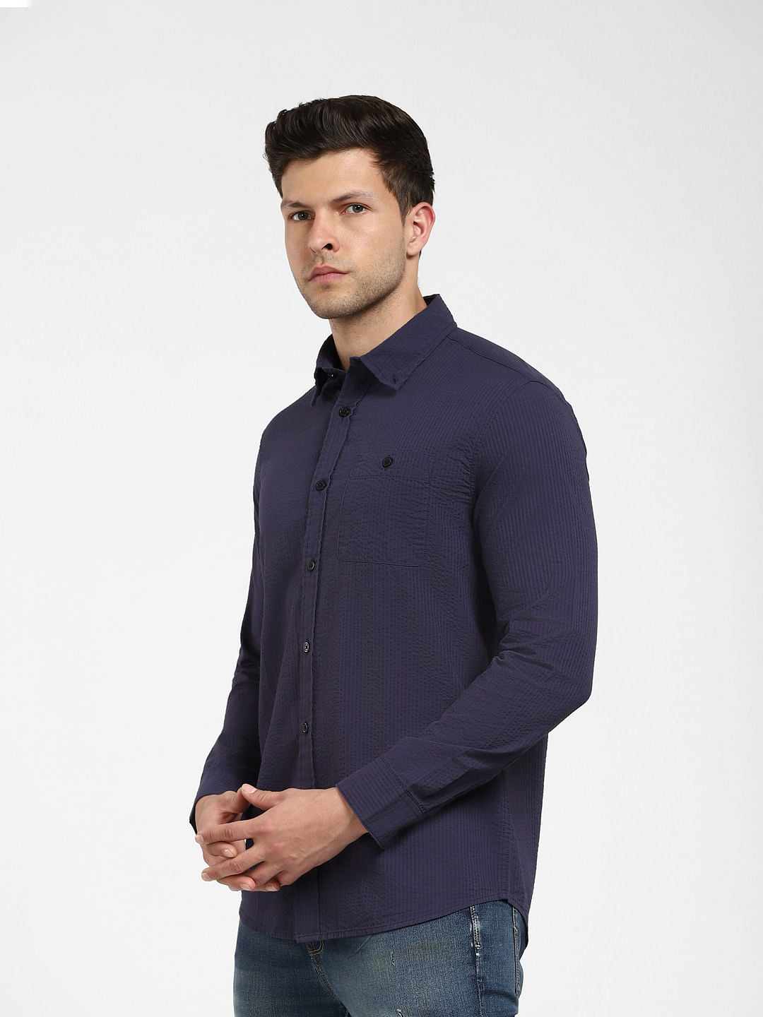 Dark Blue Striped Full Sleeves Shirt