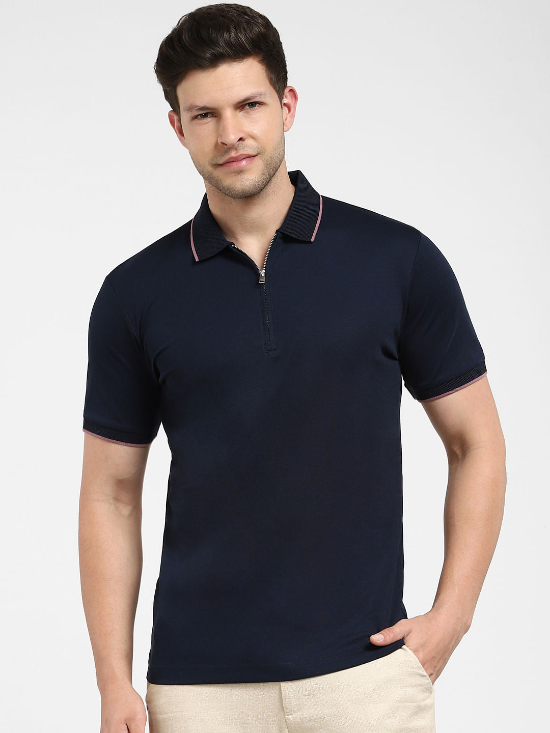 Navy Blue Zip-Up Polo Neck T-shirt