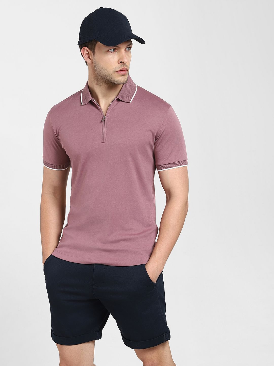 Mauve Zip-Up Polo Neck T-shirt