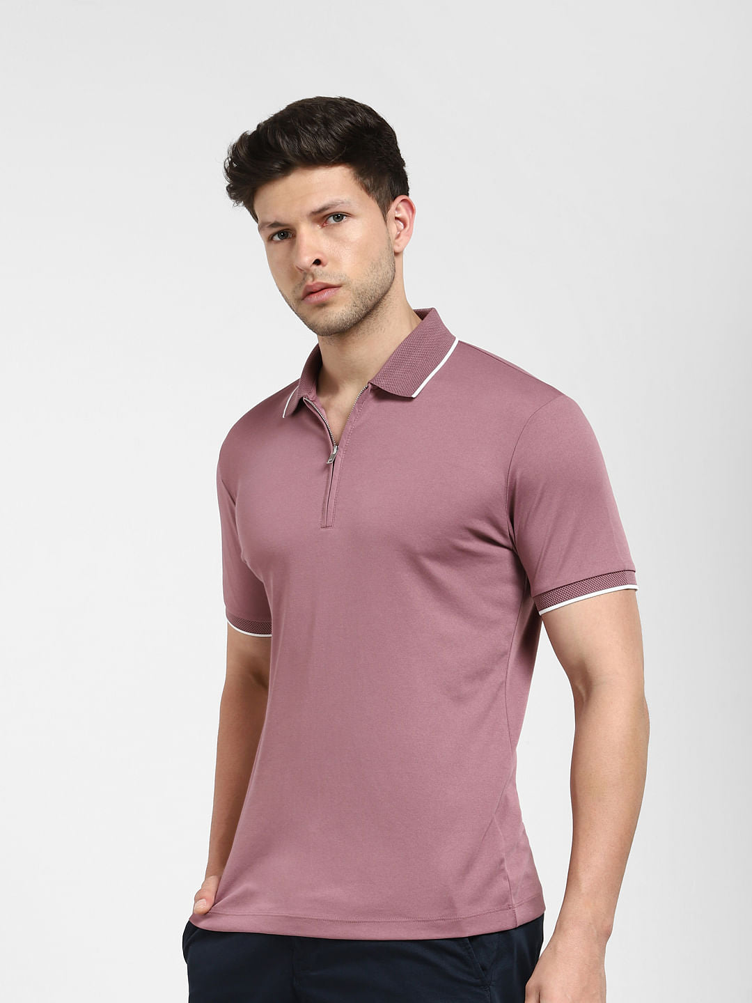 Mauve Zip-Up Polo Neck T-shirt