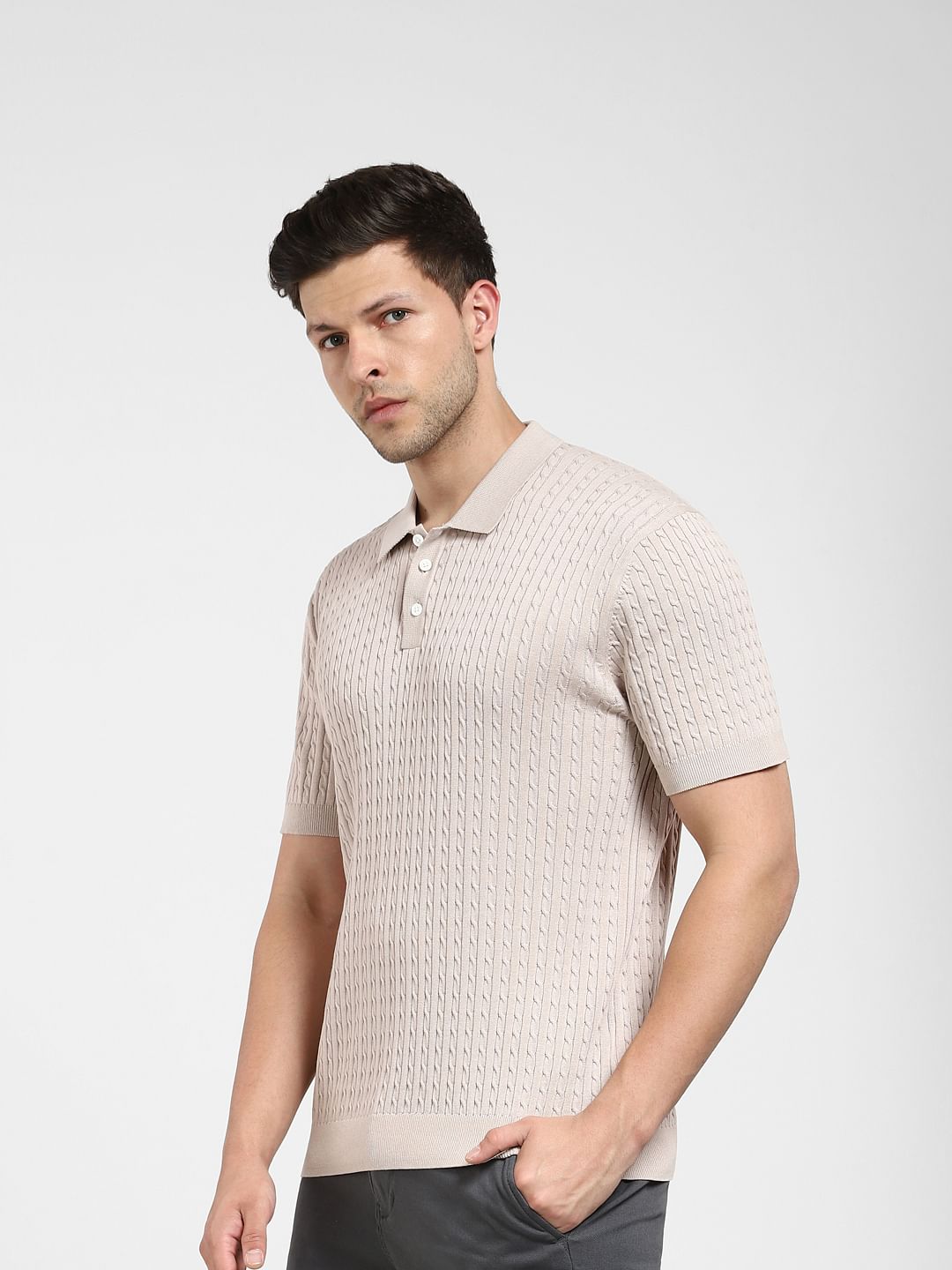 Beige Cable Knit Polo T-shirt