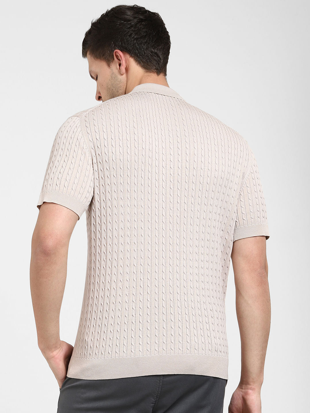 Beige Cable Knit Polo T-shirt