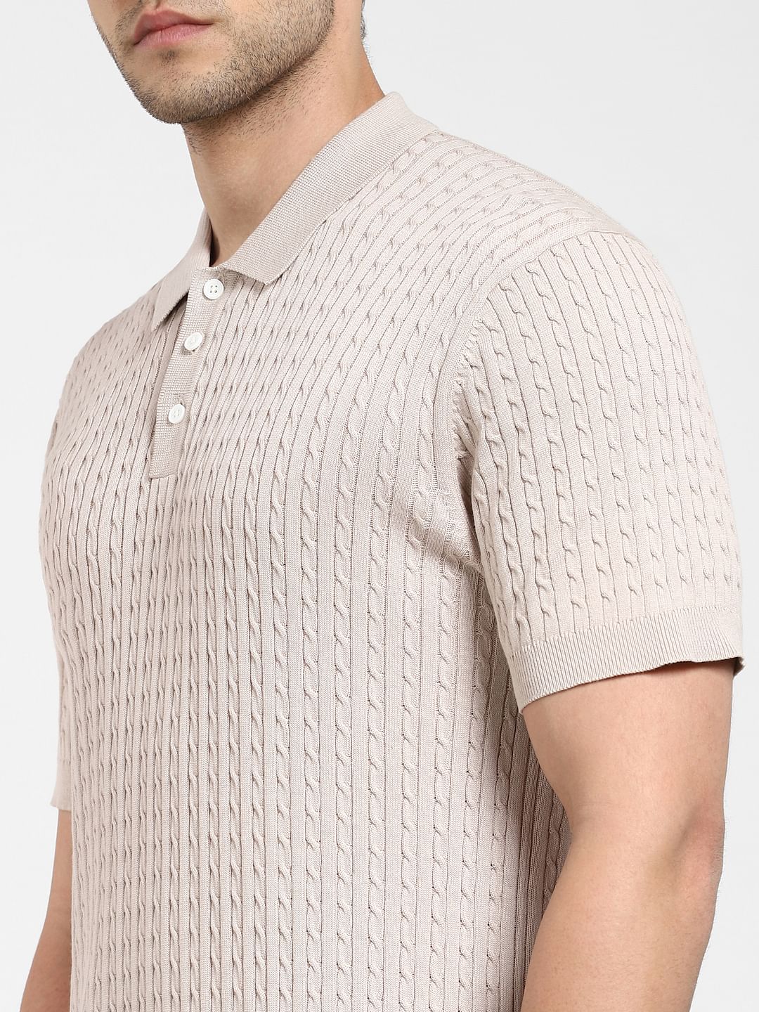 Beige Cable Knit Polo T-shirt