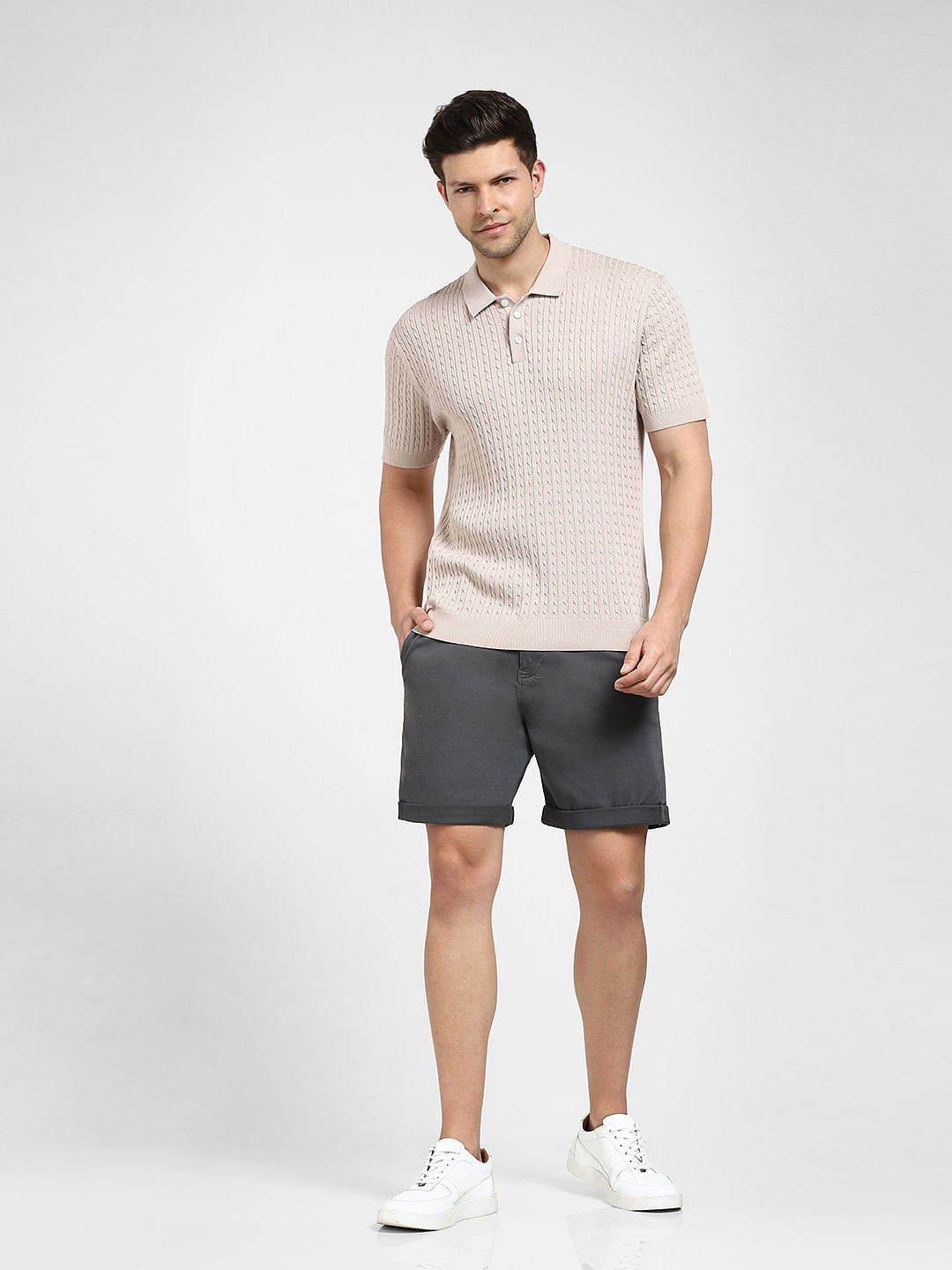Beige Cable Knit Polo T-shirt
