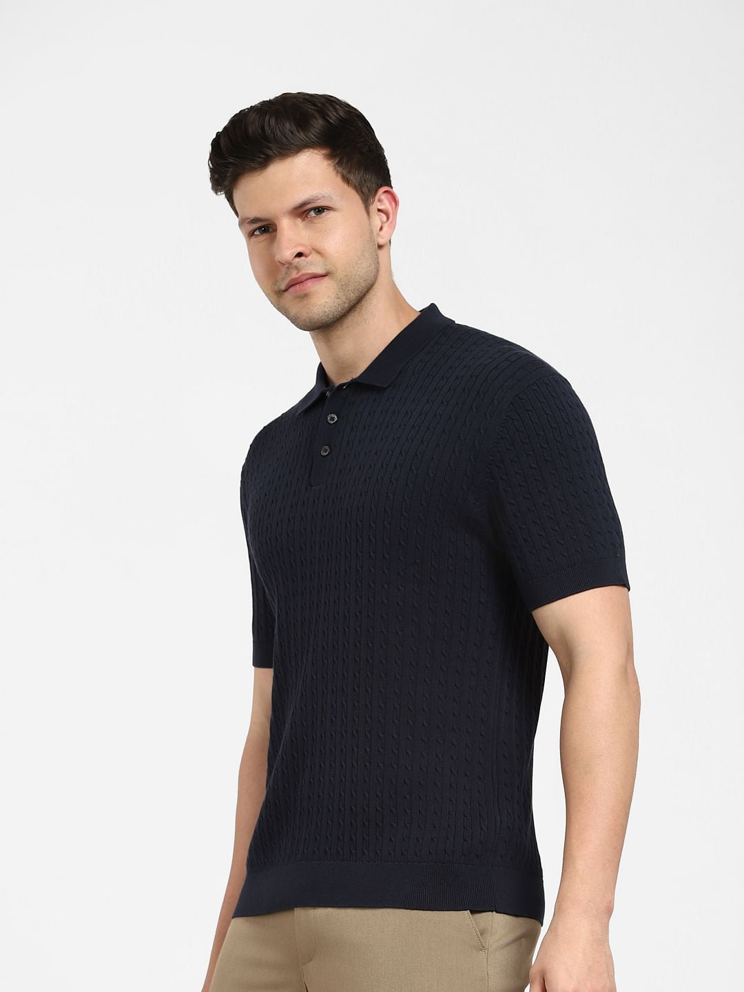 Navy Blue Cable Knit Polo T-shirt