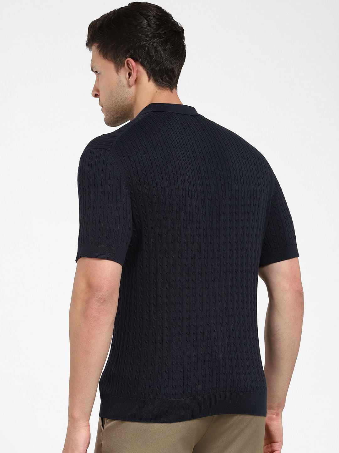 Navy Blue Cable Knit Polo T-shirt