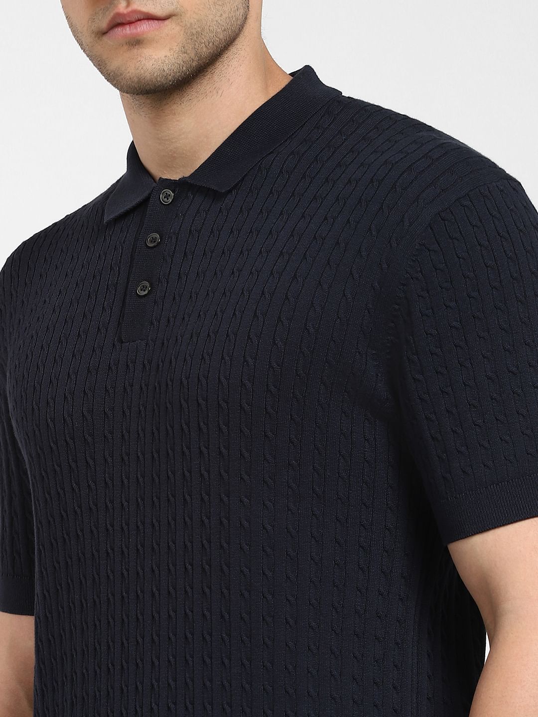 Navy Blue Cable Knit Polo T-shirt