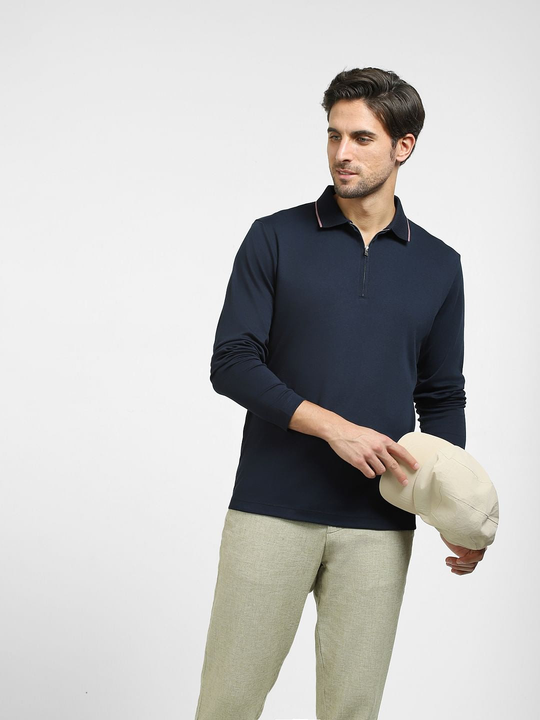 Navy Blue Zip-Up Polo T-shirt