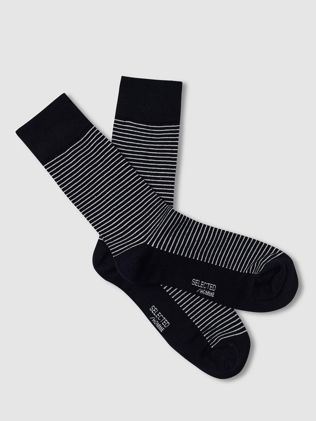 Navy Blue Striped Mid Length Socks