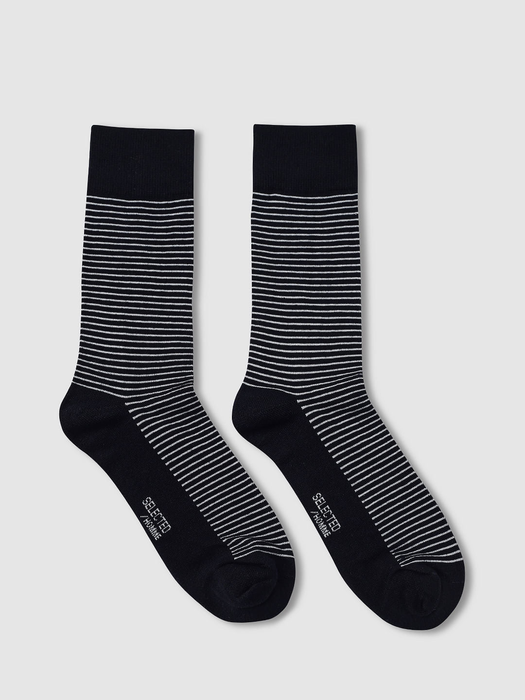Navy Blue Striped Mid Length Socks