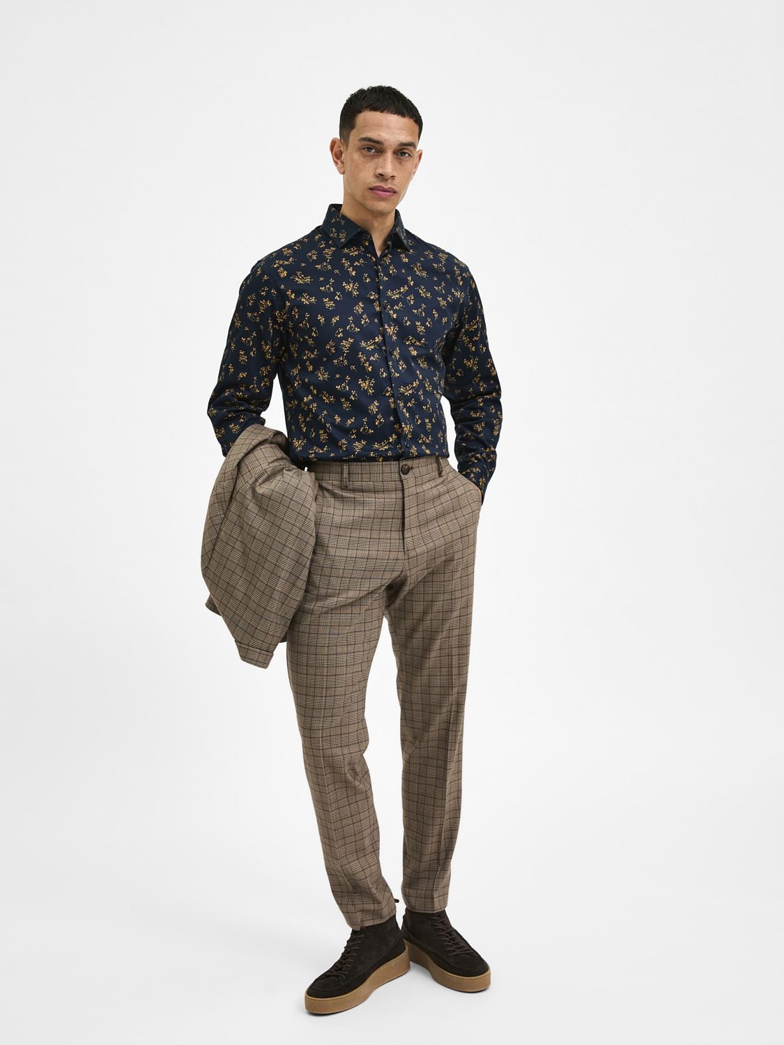Brown Mid Rise Check Formal Trousers