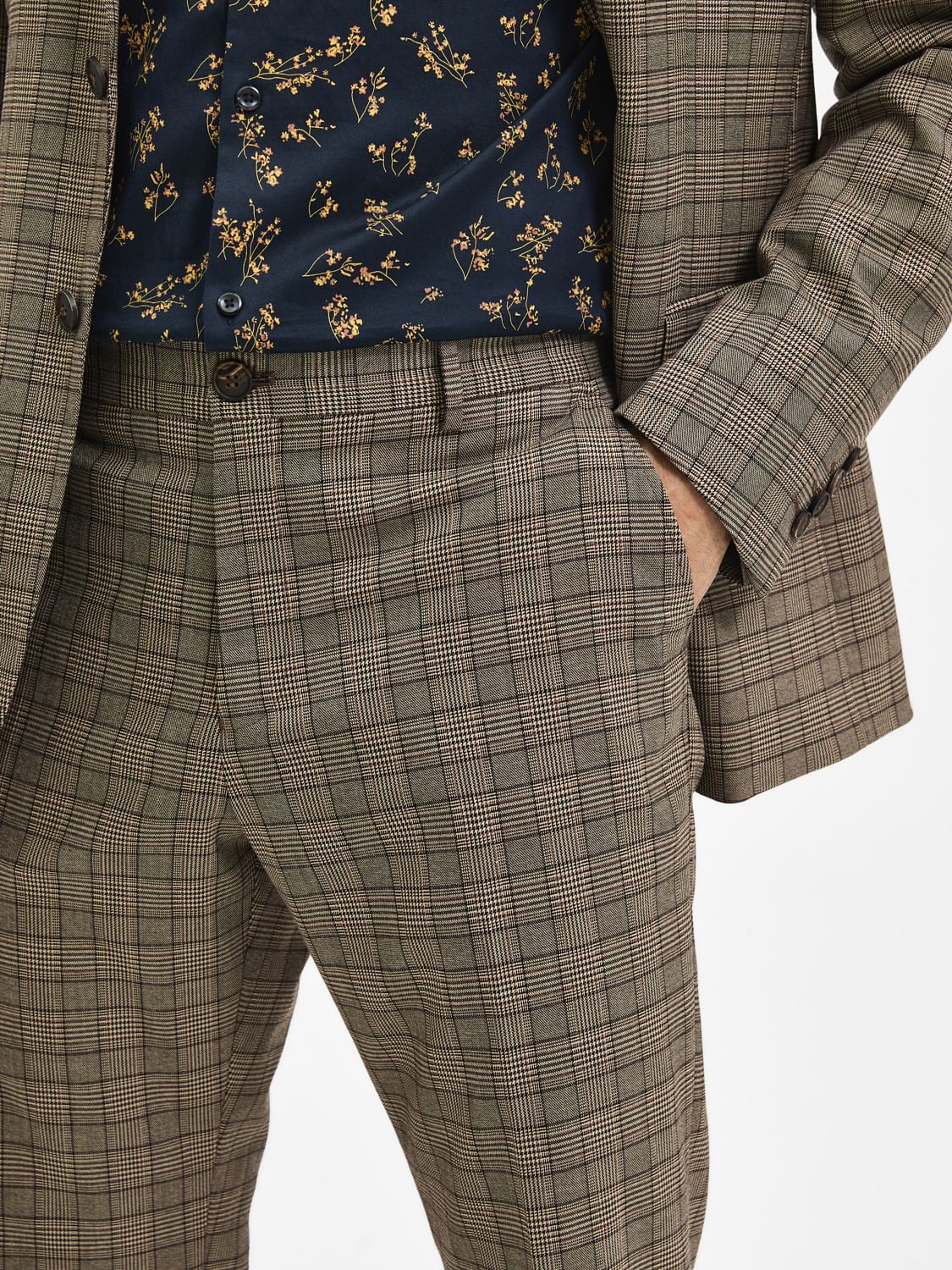 Brown Mid Rise Check Formal Trousers