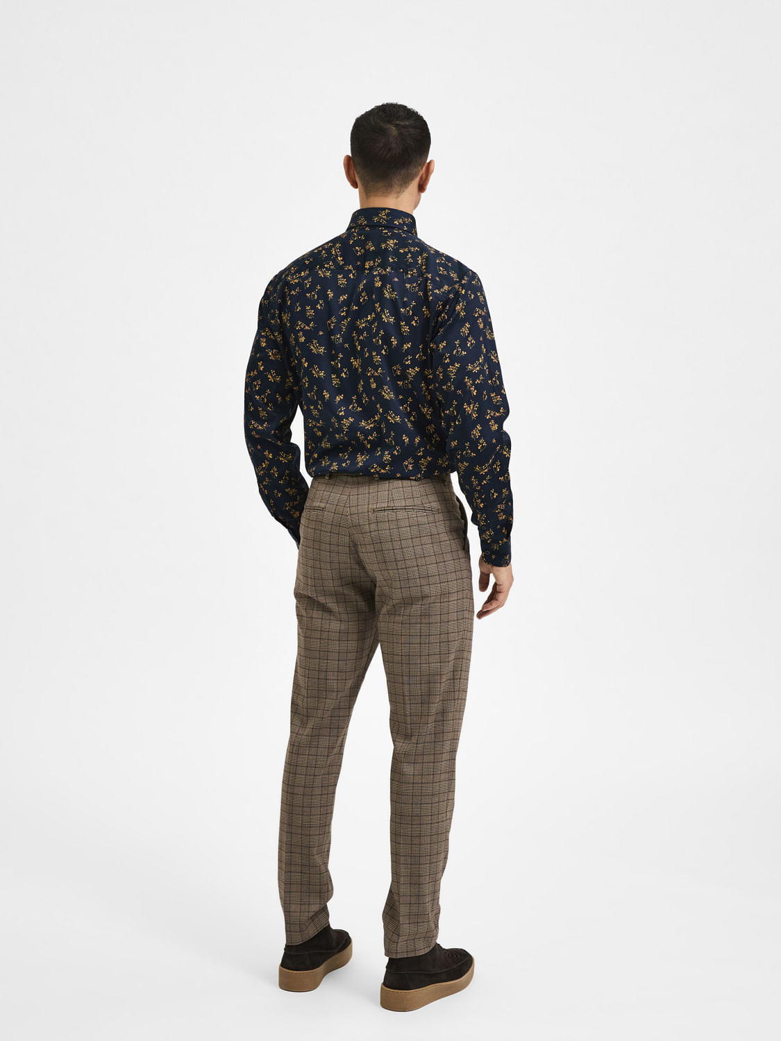 Brown Mid Rise Check Formal Trousers