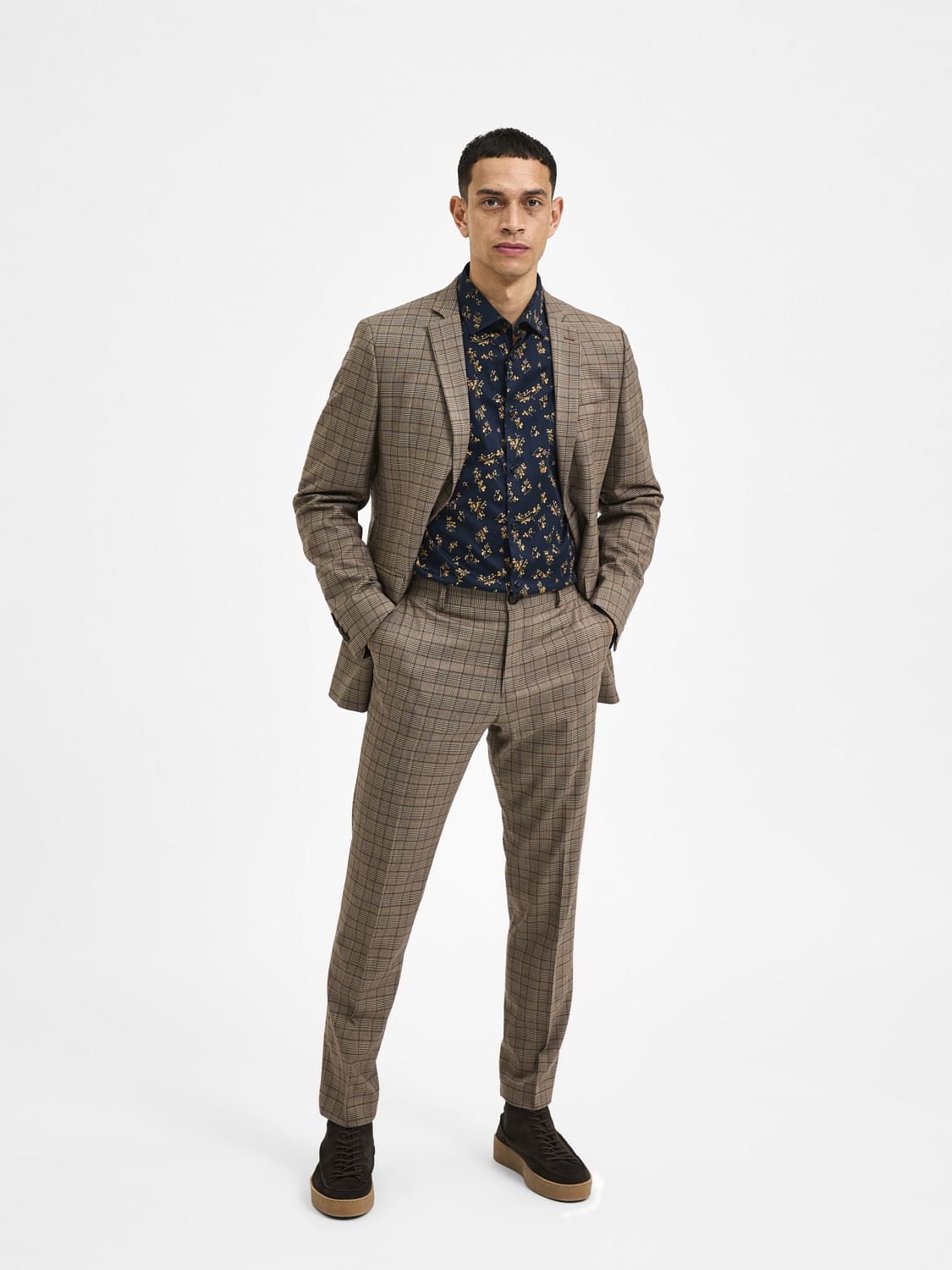 Brown Mid Rise Check Formal Trousers