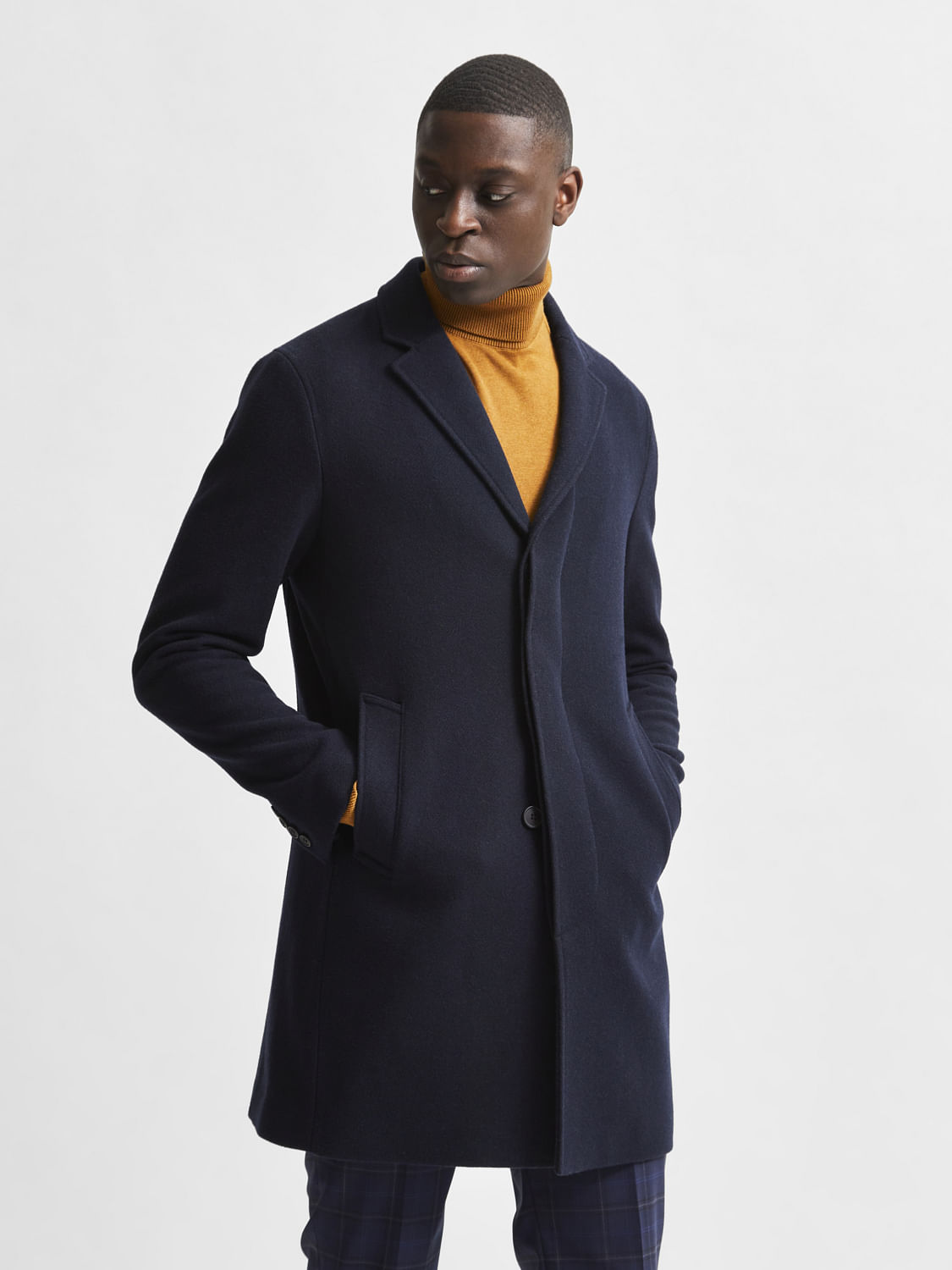 Navy Blue Woollen Long Coat