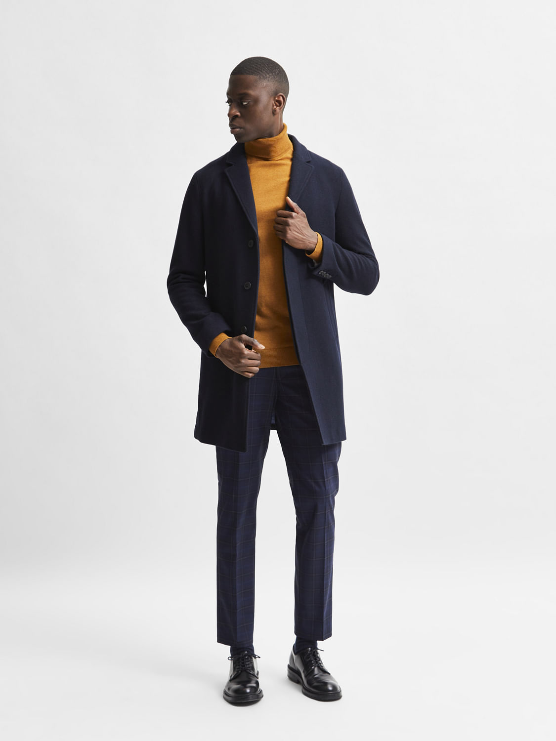Navy Blue Woollen Long Coat