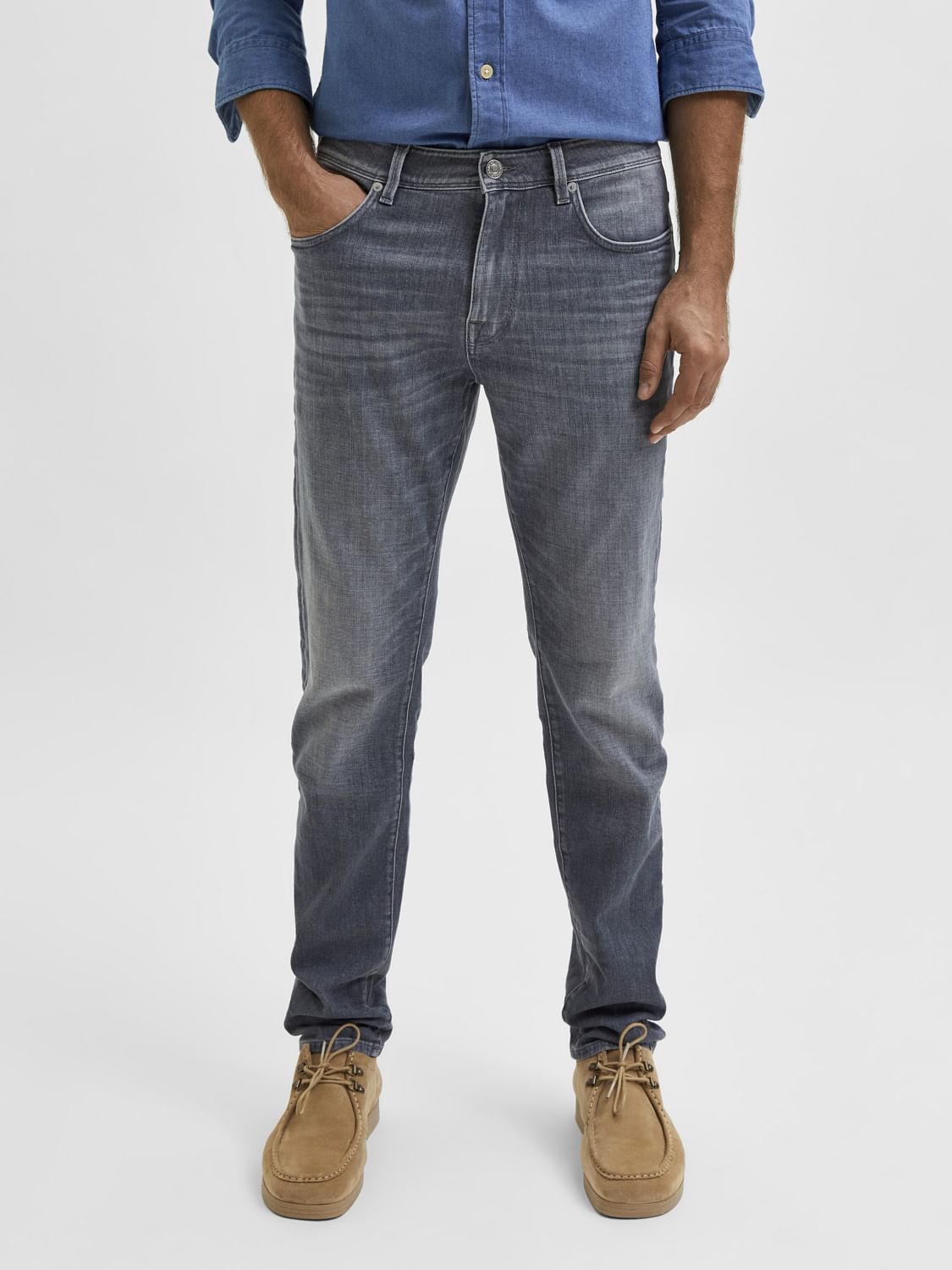 Grey Mid Rise Washed Leon Slim Jeans