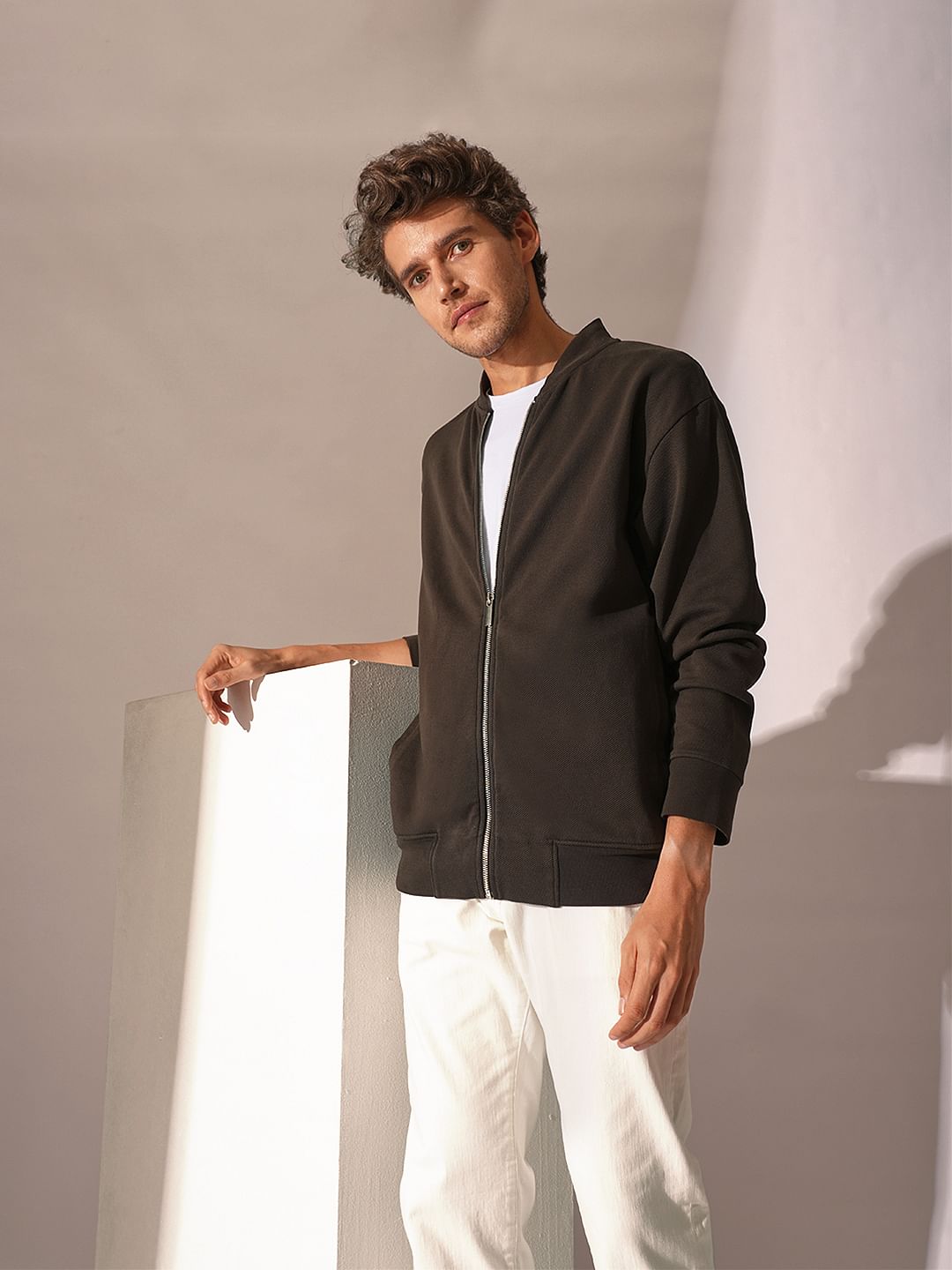 Dark Brown Jersey Bomber Jacket