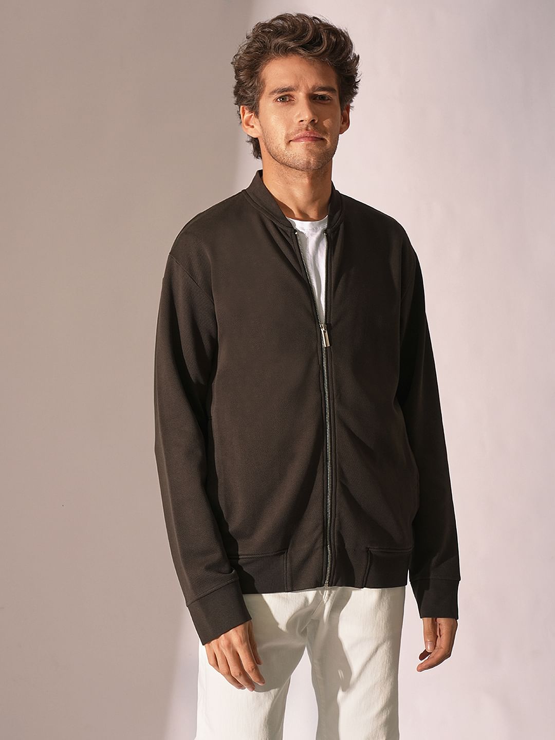 Dark Brown Jersey Bomber Jacket