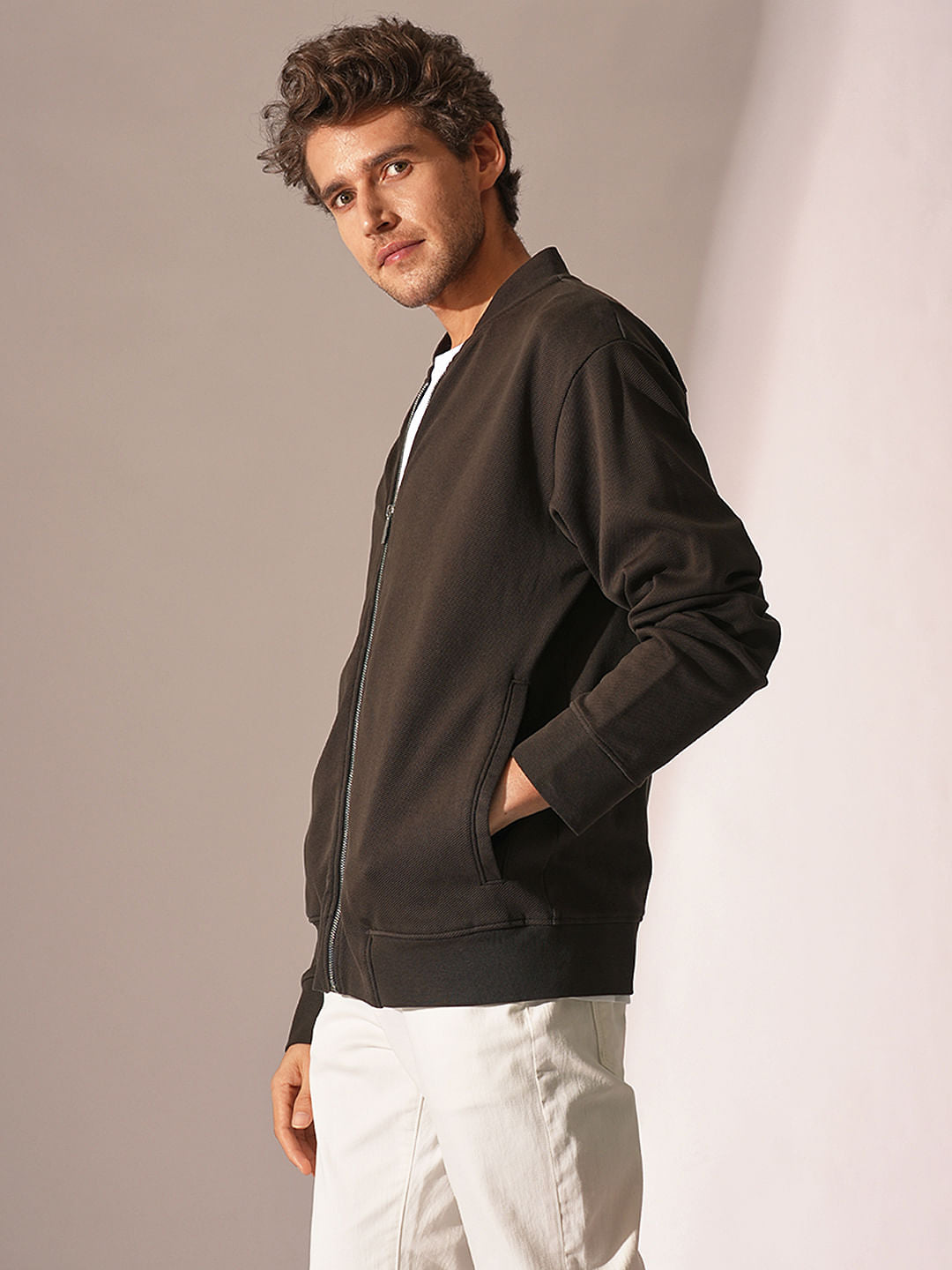 Dark Brown Jersey Bomber Jacket
