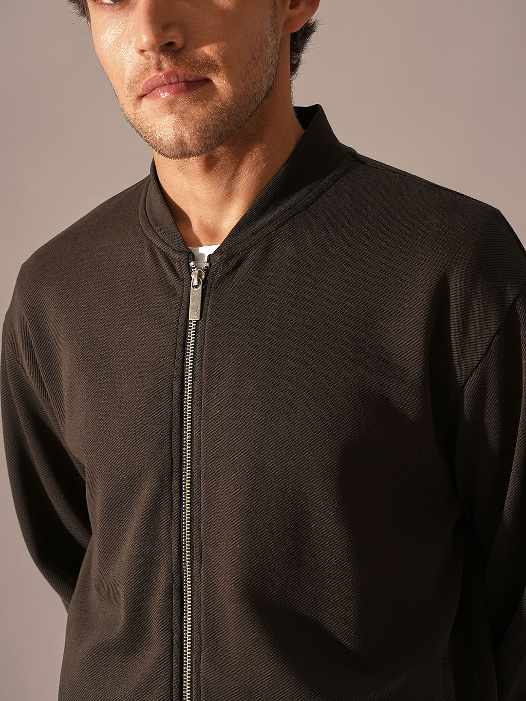 Dark Brown Jersey Bomber Jacket