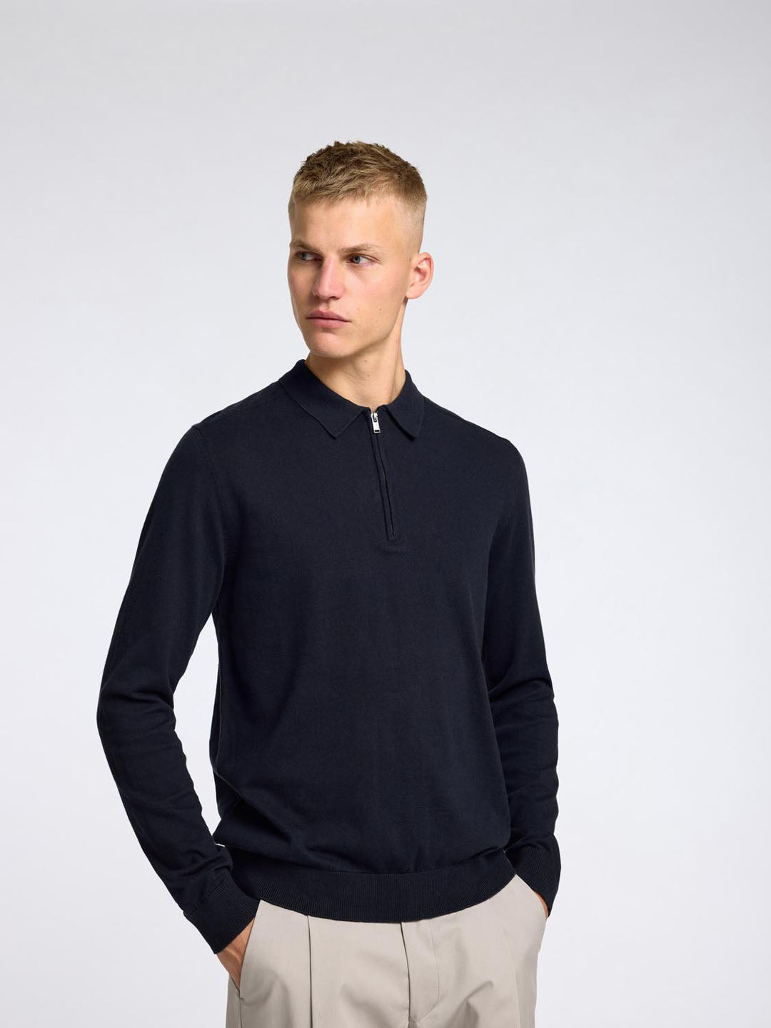 Navy Blue Knitted Half-Zip Polo