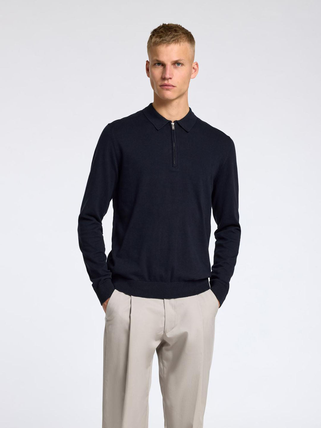 Buy Navy Blue Knitted Half-Zip Polo for Men Online