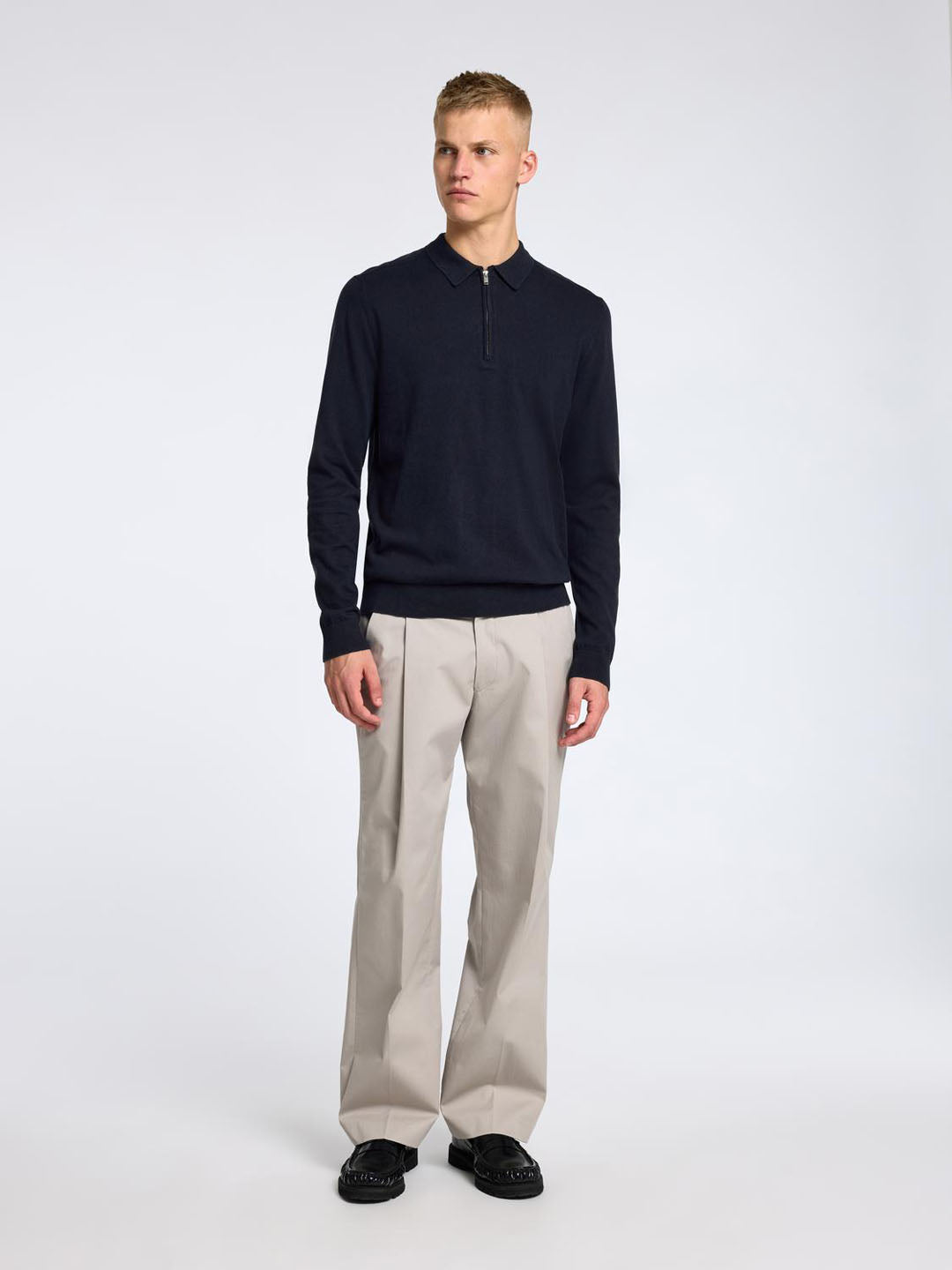 Navy Blue Knitted Half-Zip Polo