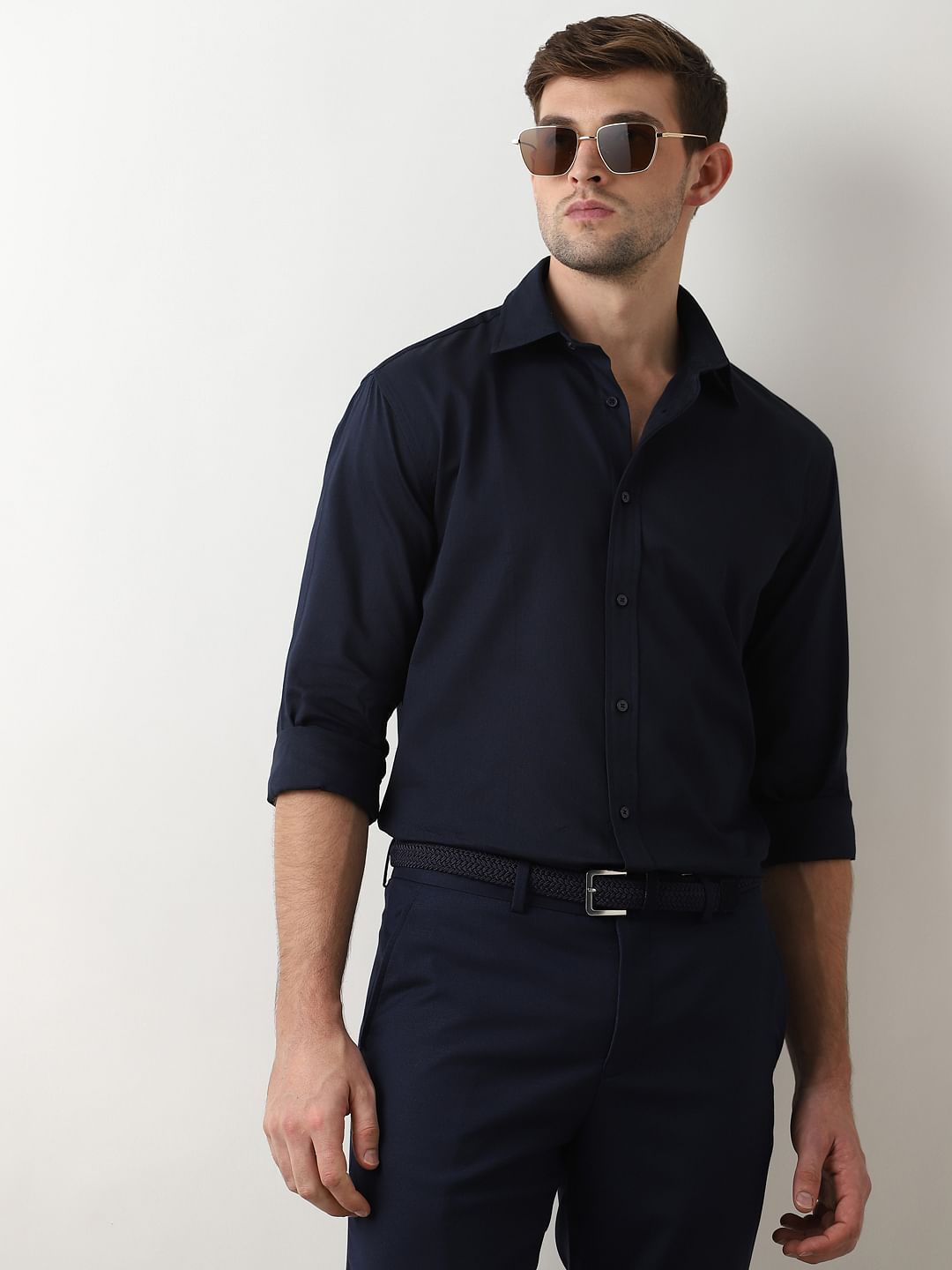 Navy Blue Dobby Full Sleeves Shirt