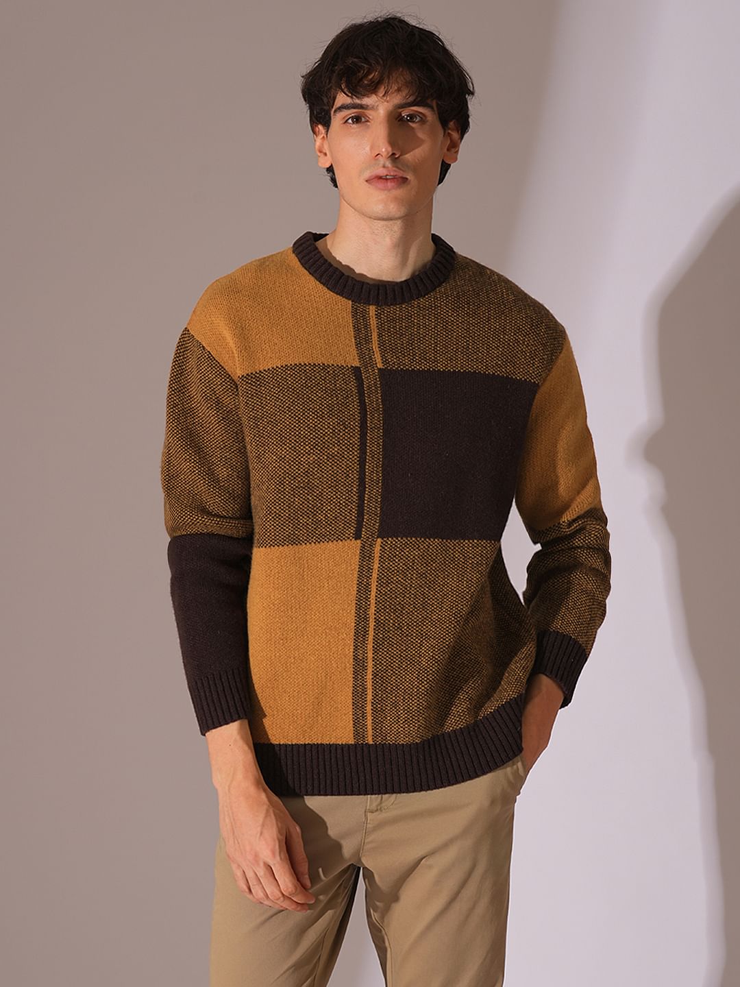Brown Colourblocked Relaxed Pullover