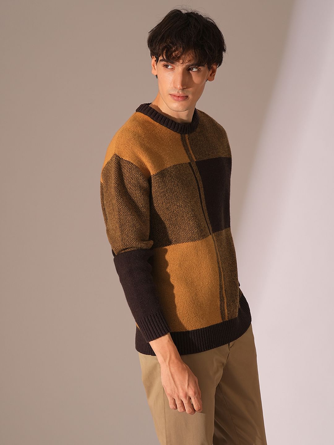 Brown Colourblocked Relaxed Pullover
