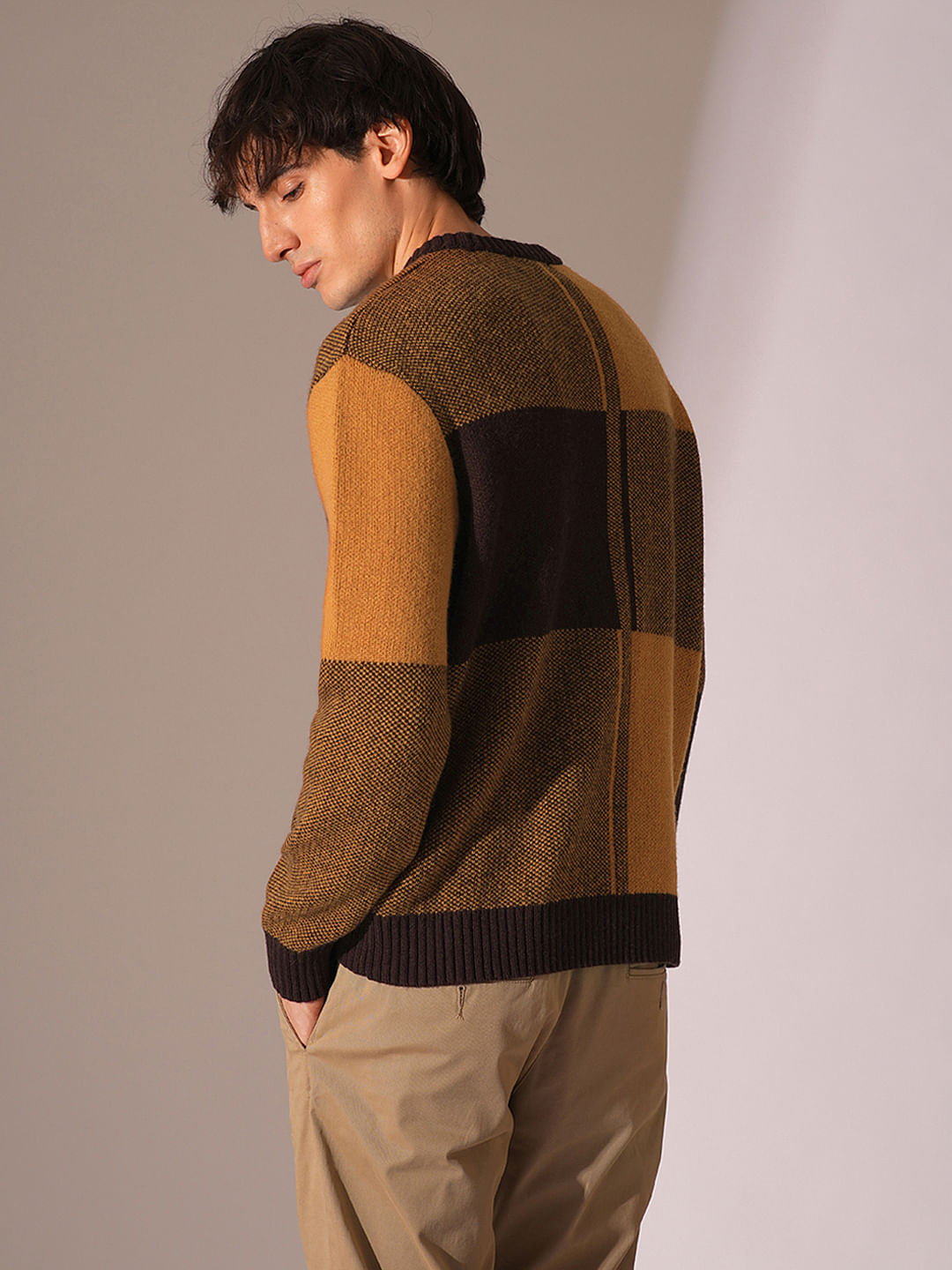 Brown Colourblocked Relaxed Pullover