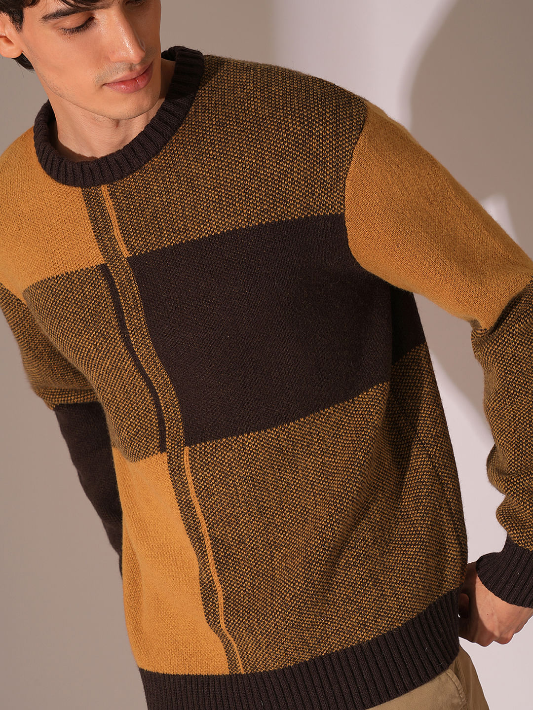 Brown Colourblocked Relaxed Pullover