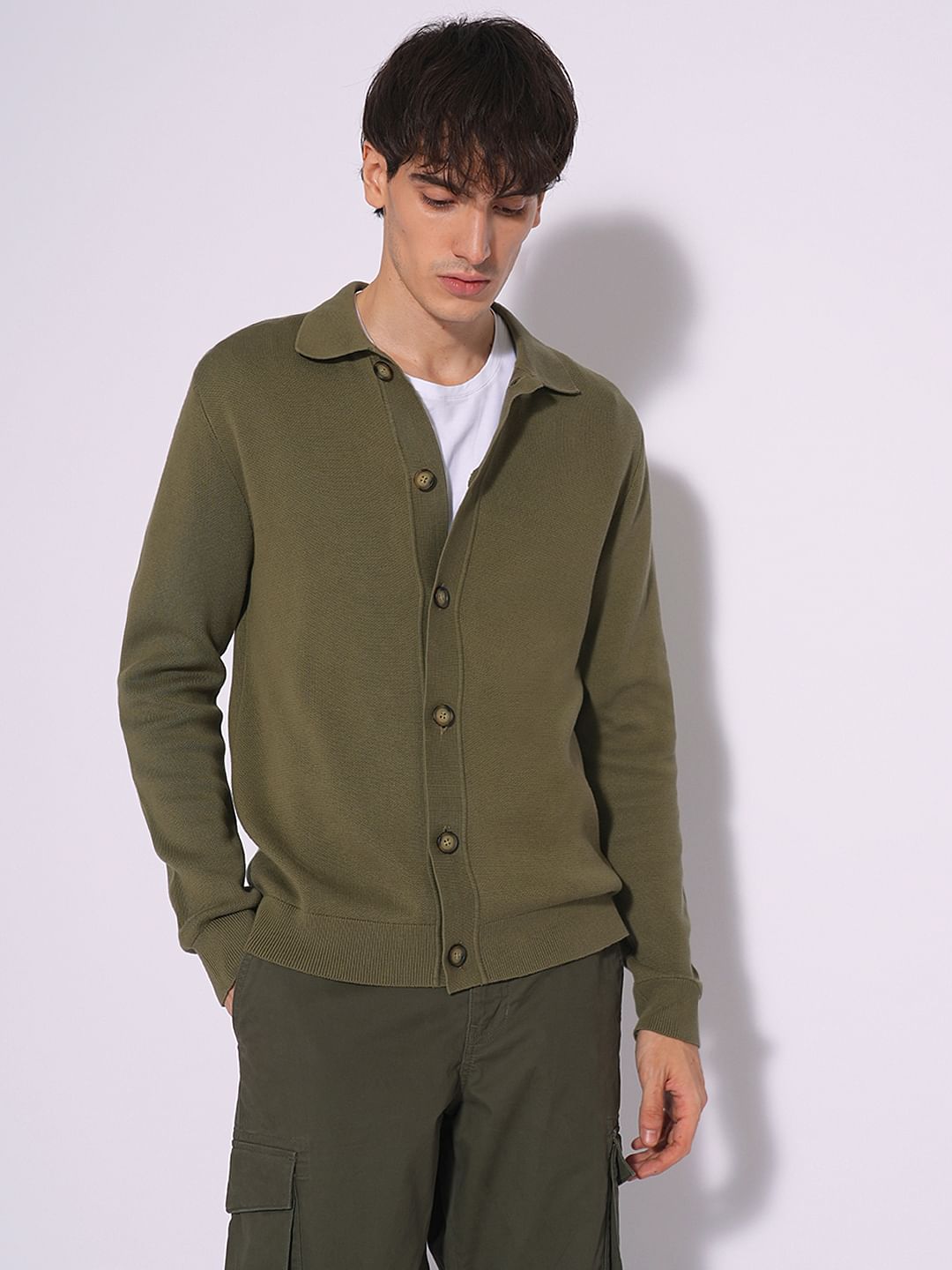 Green Full Sleeves Polo Cardigan