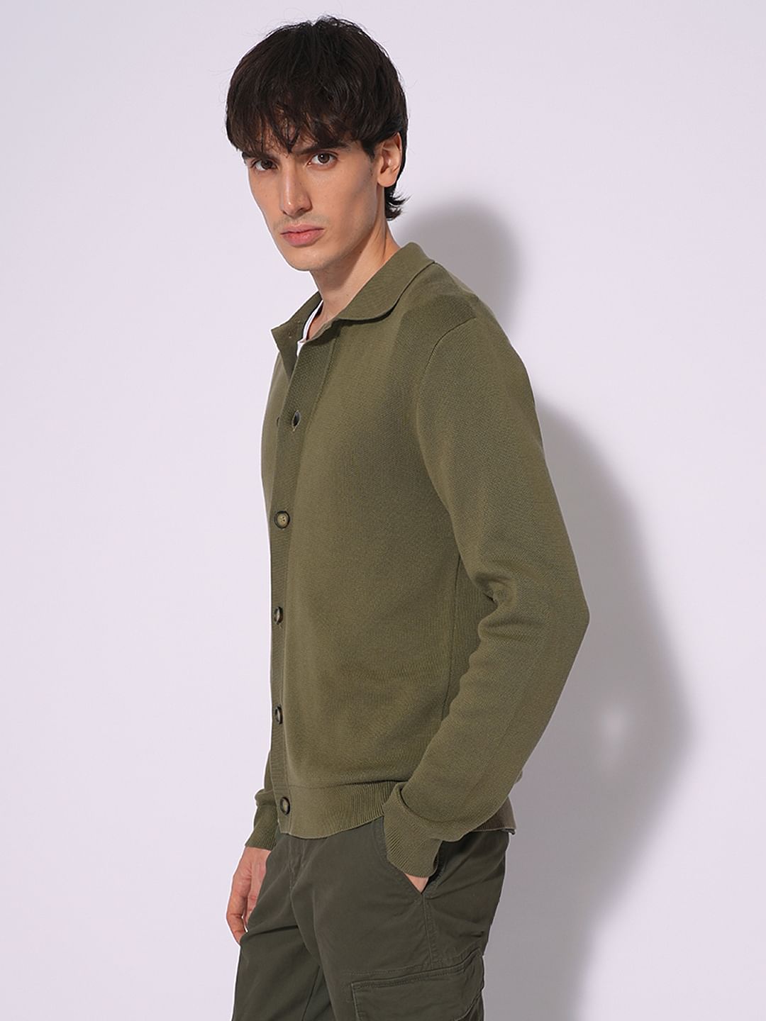 Green Full Sleeves Polo Cardigan