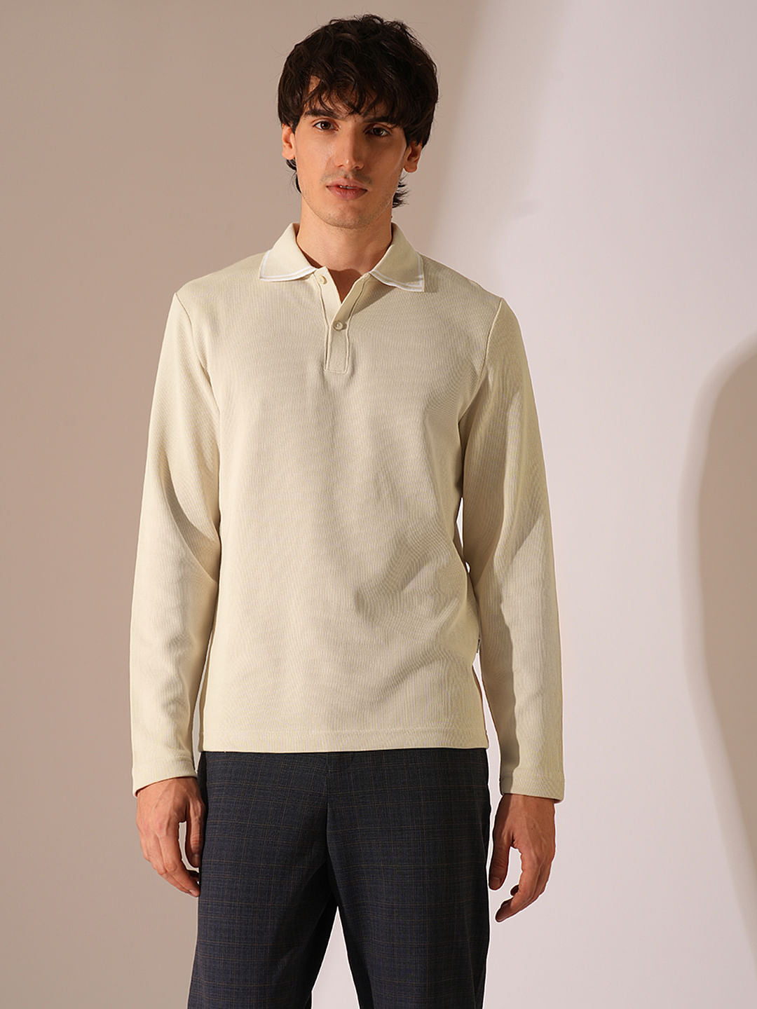 Beige Knitted Full Sleeves Polo