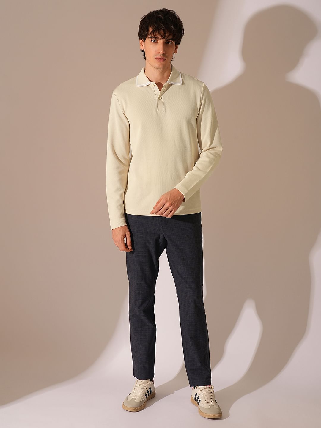 Beige Knitted Full Sleeves Polo