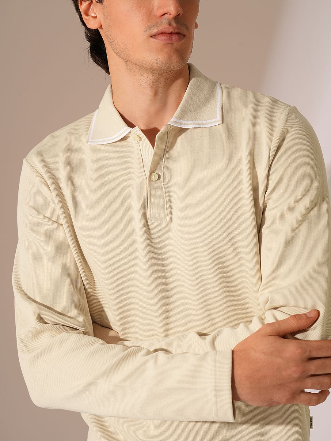 Beige Knitted Full Sleeves Polo