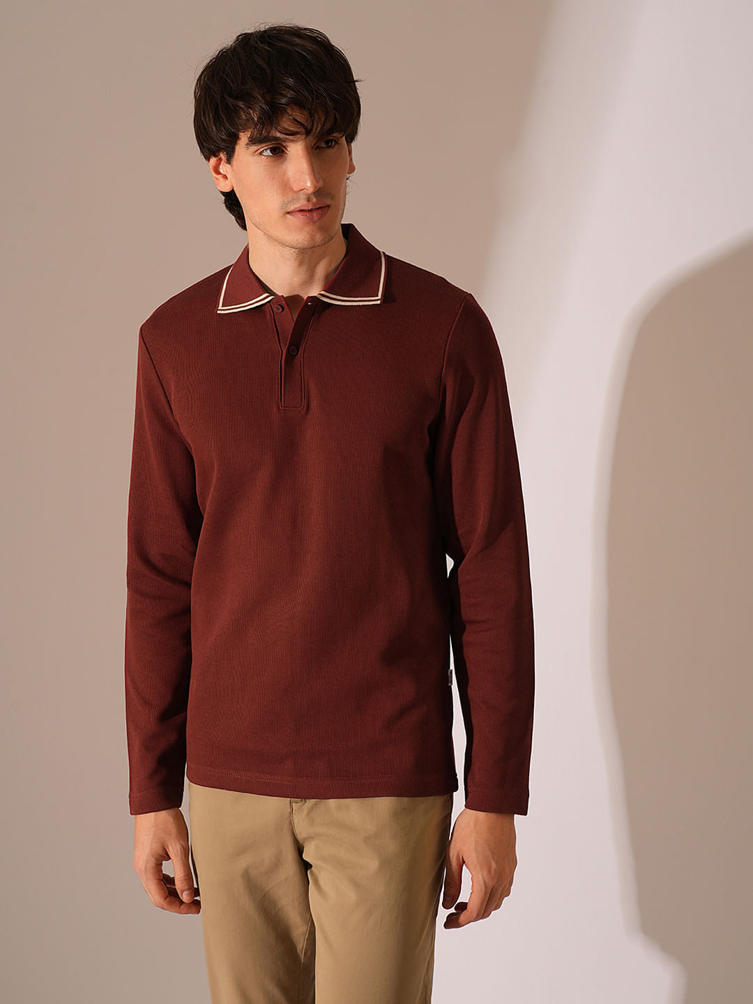 Red Knitted Full Sleeves Polo