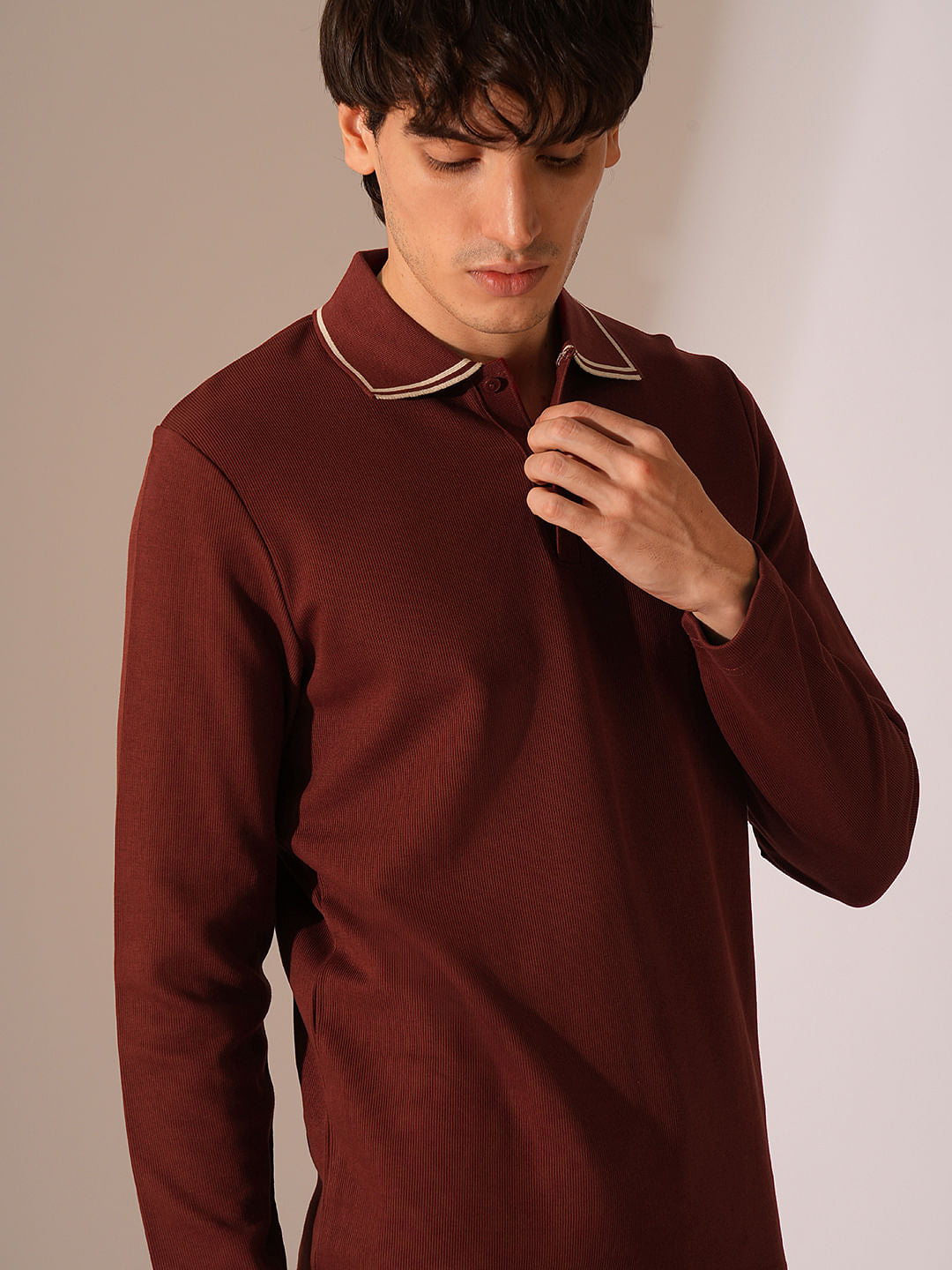 Red Knitted Full Sleeves Polo