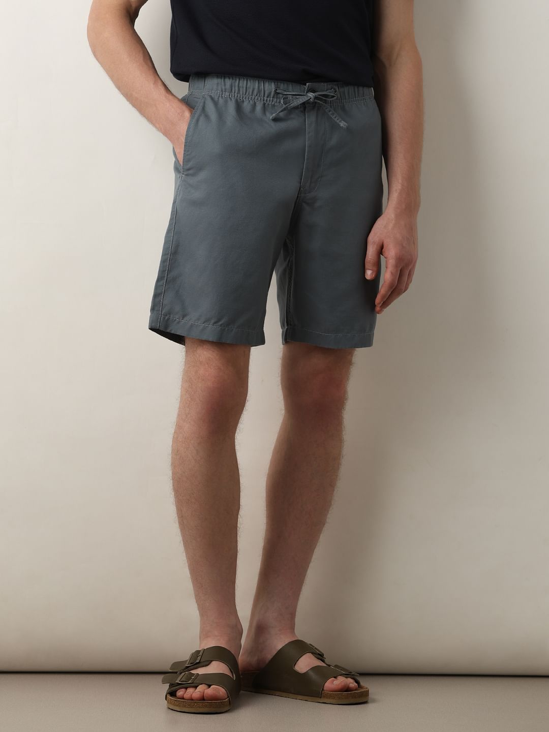Blue Mid Rise Drawstring Linen Shorts
