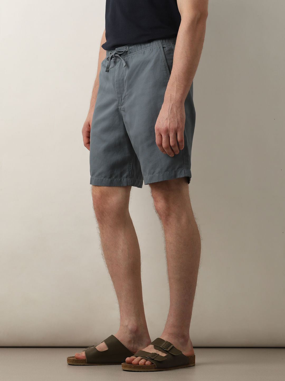 Blue Mid Rise Drawstring Linen Shorts