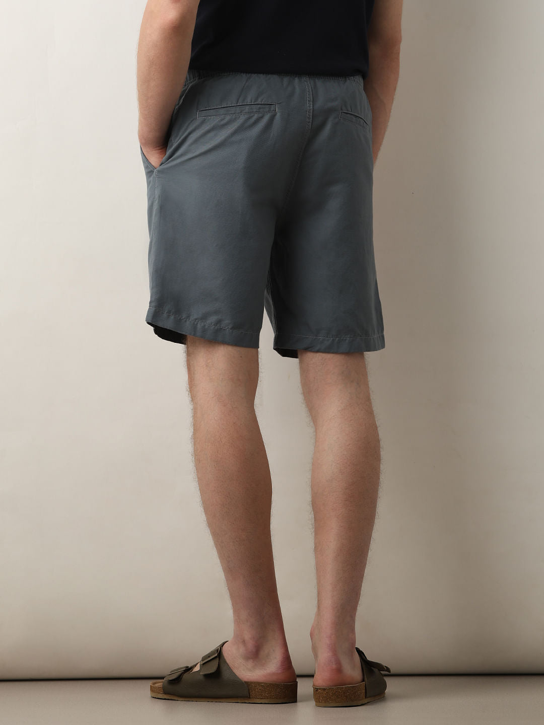 Blue Mid Rise Drawstring Linen Shorts