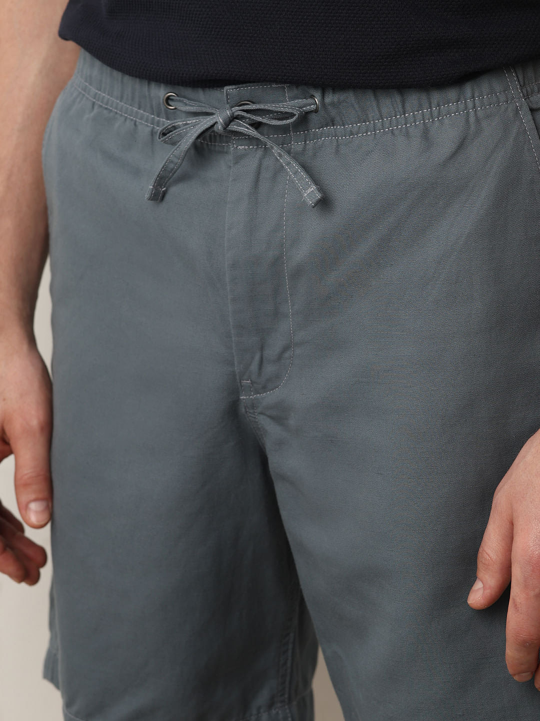 Blue Mid Rise Drawstring Linen Shorts