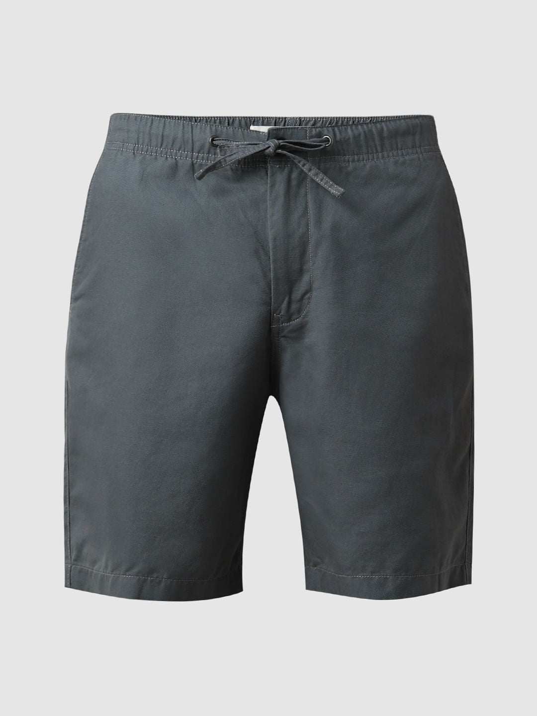 Blue Mid Rise Drawstring Linen Shorts